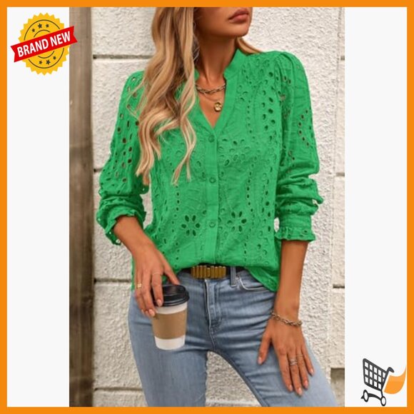 Long Sleeve Button Down Blouse with Floral Embroidery V-Neck Loose Fit - Picture 2 of 7